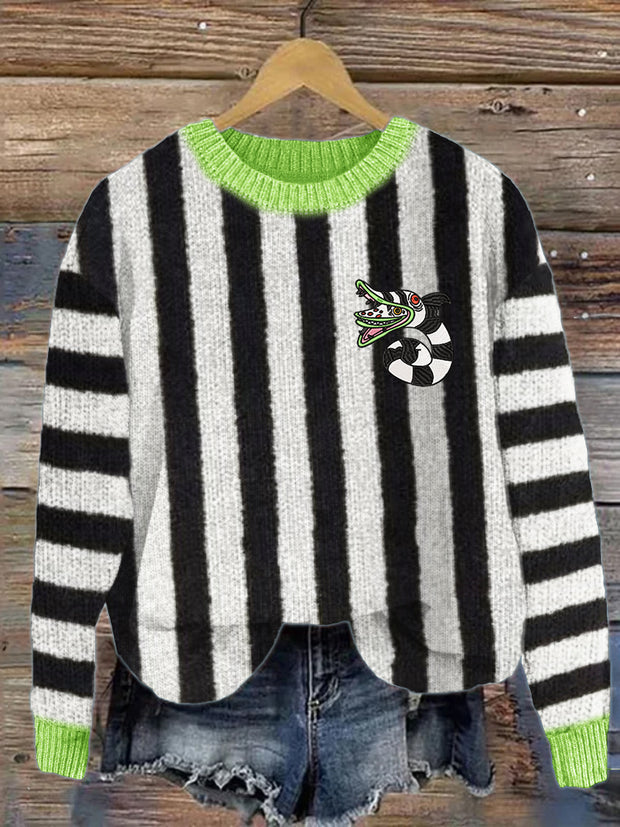 Halloween Horror Movie Embroidered Striped Cozy Knit Sweater