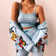 Fashion Butterfly Print Hooded Casual Sweatshirt Set