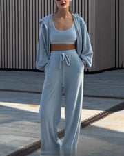 Hooded lantern sleeve top and wide-leg pants two-piece set