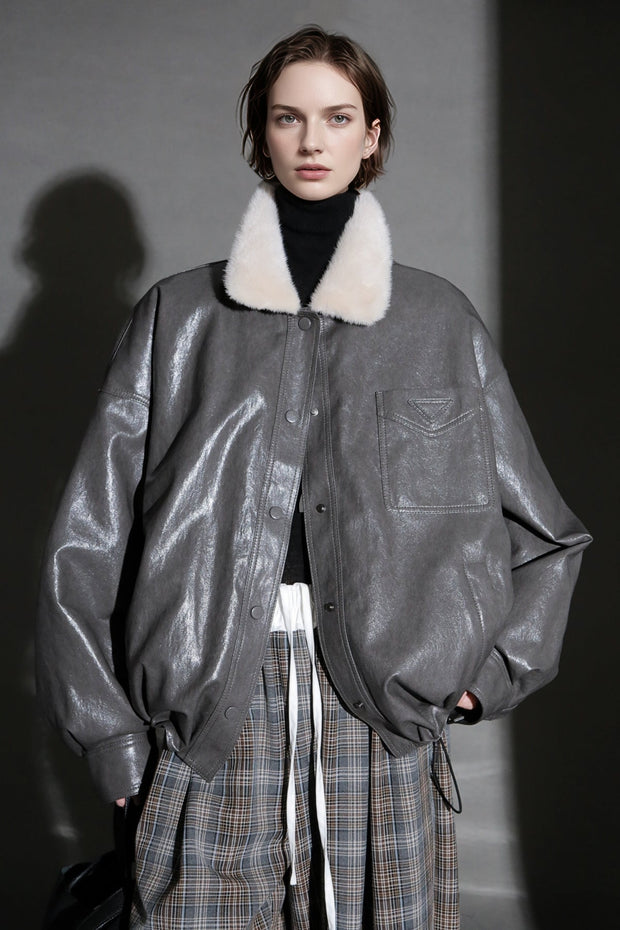 Luxury Sheepskin Down Jacket – Short Oil-Wax Leather Coat with Mink Fur Collar & Goose Down Fill, Winter Outerwear