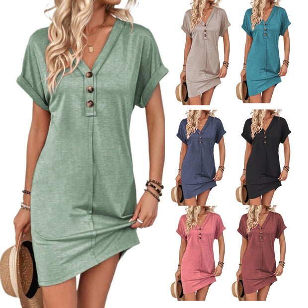 V Neck Button Short Sleeve Summer Casual Dresses