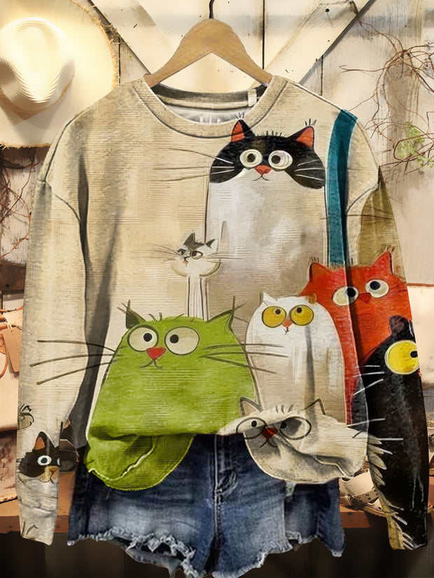 Women's Cute Cat Art Print Casual Crew Neck Sweatshirt