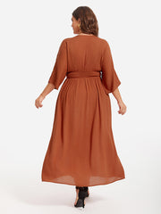 V-Neck Button Front Elastic Waist Split Maxi Dress