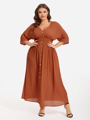 V-Neck Button Front Elastic Waist Split Maxi Dress