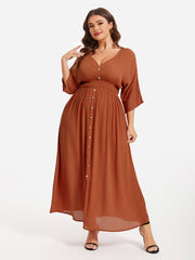 V-Neck Button Front Elastic Waist Split Maxi Dress