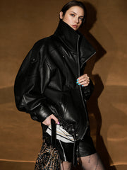 Vegetable-Tanned Goatskin Leather Jacket for Women – Double-Layer Genuine Leather Moto Coat for Fall Winter