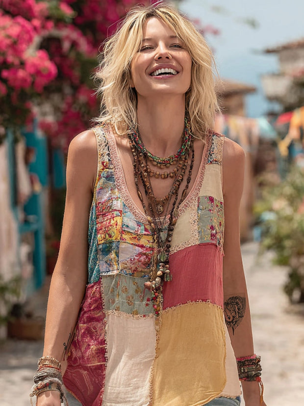 Women Vintage Floral Geometry Art Linen V Neck Tank Top