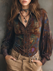 Chic Boho Floral Print Velvet Blouse With Ruffle Trim