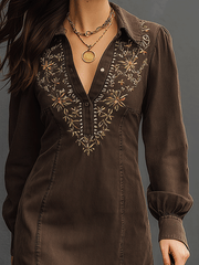 Embroidered Brown Long Sleeve Mini Dress
