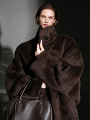 Alpaca Wool Biker Jacket for Women – Stand Collar Suoli Alpaca Coat with Luxe Textured Finish, Winter Chic Outerwear