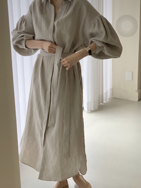 Lantern Long Sleeved Solid Color Waist Shirt Maxi Dress