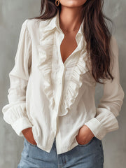 Vintage White Ruffle Button-Down Shirt