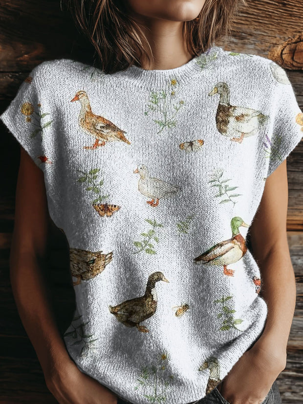 Women's Natural Native Duck Art Print Casual Crew Neck Short Sleeve Knitted Sweater