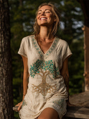 Sequined Tree Of Life Embroidery Women's Linen V-neck Mini Dress