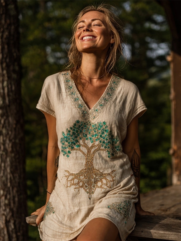Sequined Tree Of Life Embroidery Women's Linen V-neck Mini Dress