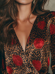 Elegant Rose Pattern And Leopard Print Satin Wrap Blouse
