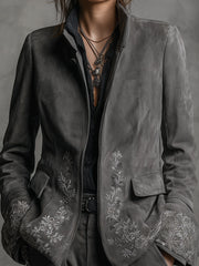 Boho Rock Stand Collar Embroidered Suede Jacket