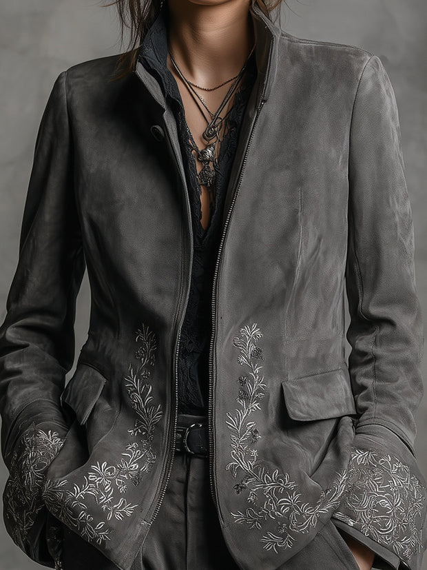 Boho Rock Stand Collar Embroidered Suede Jacket