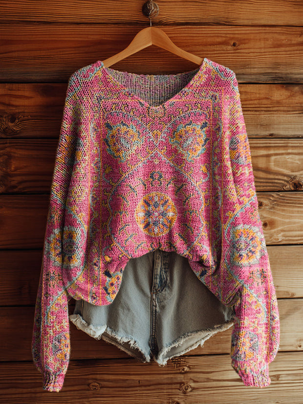 Women's Retro Floral Print Art Casual Pullover Sweater