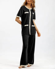 Contrast color short-sleeved top and wide-leg pants two-piece set