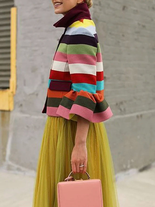 Flared Sleeves Multi-Colored Striped Lapel Jackets Outerwear