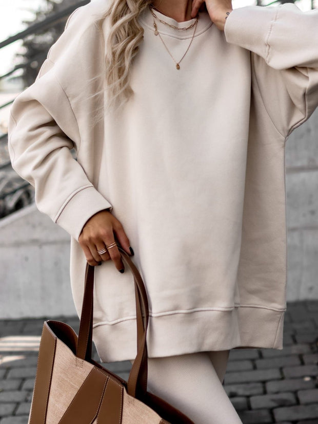 Round Neck Irregular Drop Shoulder Sweatshirt Set