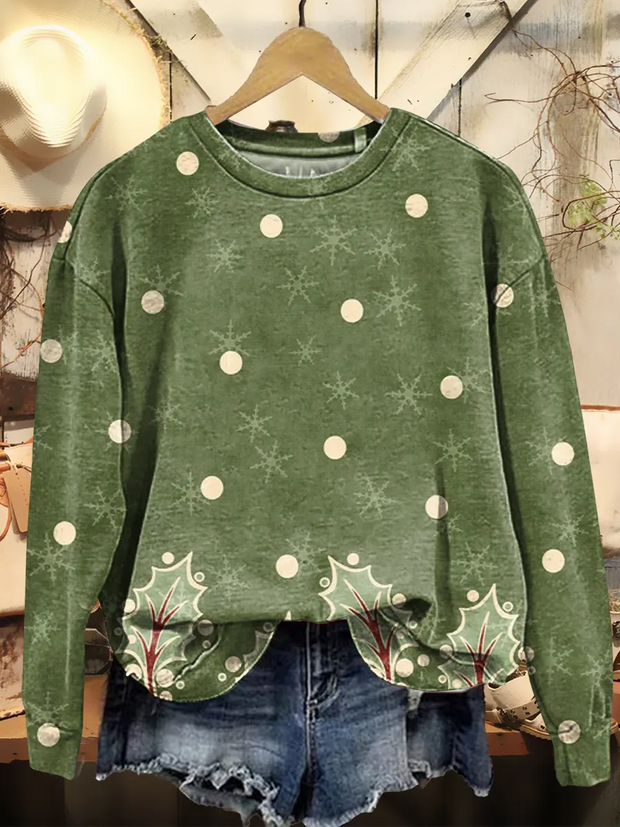 Women's Retro Green Polka Dot Snowflake Christmas Art Print Casual Round Neck Pullover Sweatshirt