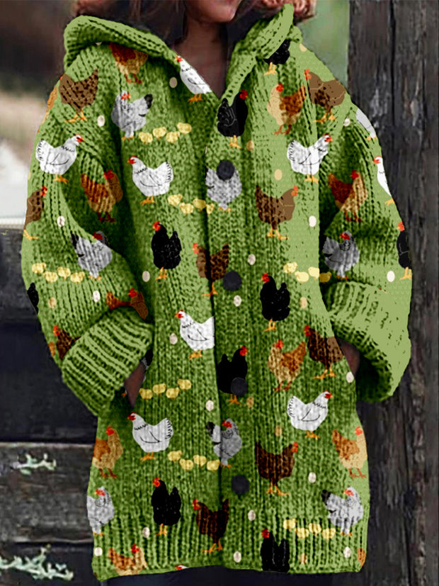 Hens and Chicks Graphic Vintage Cozy Knit Cardigan