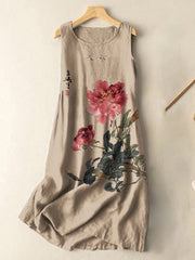 Vintage Japanese Ink Flower Calligraphy Art Print Sleeveless Cotton And Linen Midi Dress