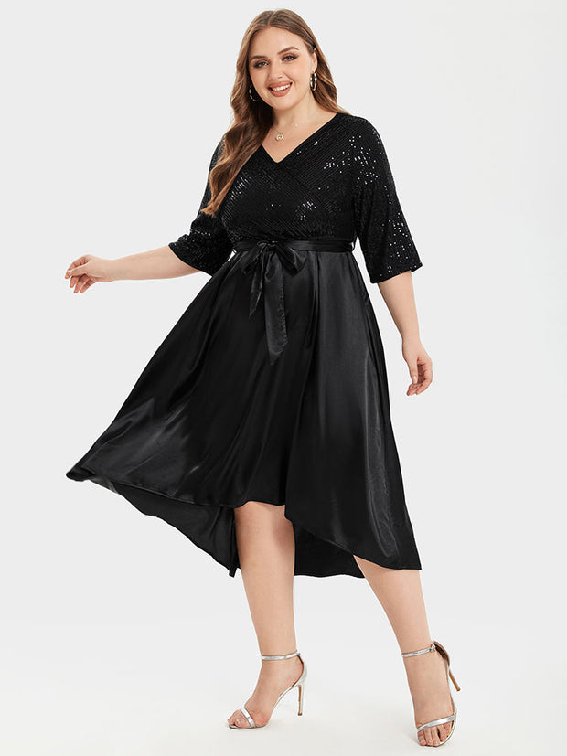 Contrast Sequin Satin Tie Front High Low Midi Dress