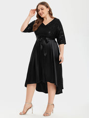 Contrast Sequin Satin Tie Front High Low Midi Dress