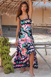 Printed Square Neck Wide Strap Dress