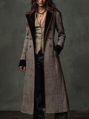 Vintage Plaid Wool-Blend Velvet Lapel Long Coat