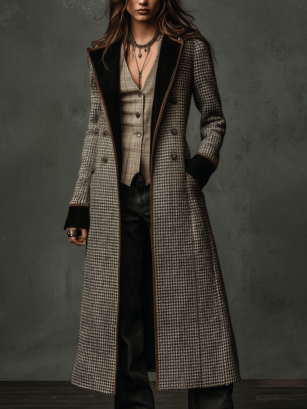 Vintage Plaid Wool-Blend Velvet Lapel Long Coat