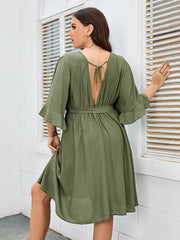 Plus Green Button Tie Back Wrap Ruffle Sleeve Midi Dress