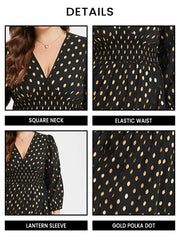 Gold Polka Dot V-Neck Lantern Sleeve Elastic Waist Dress