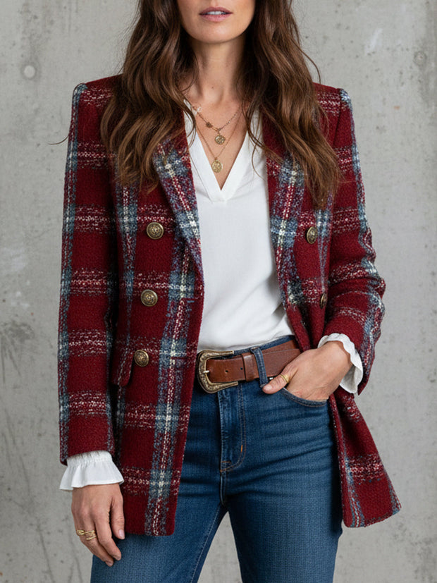 Retro Contrast Plaid Wool Double-breasted Coat
