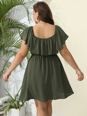 Plus Plain Off Shoulder Ruffle Elastic Waist Dress