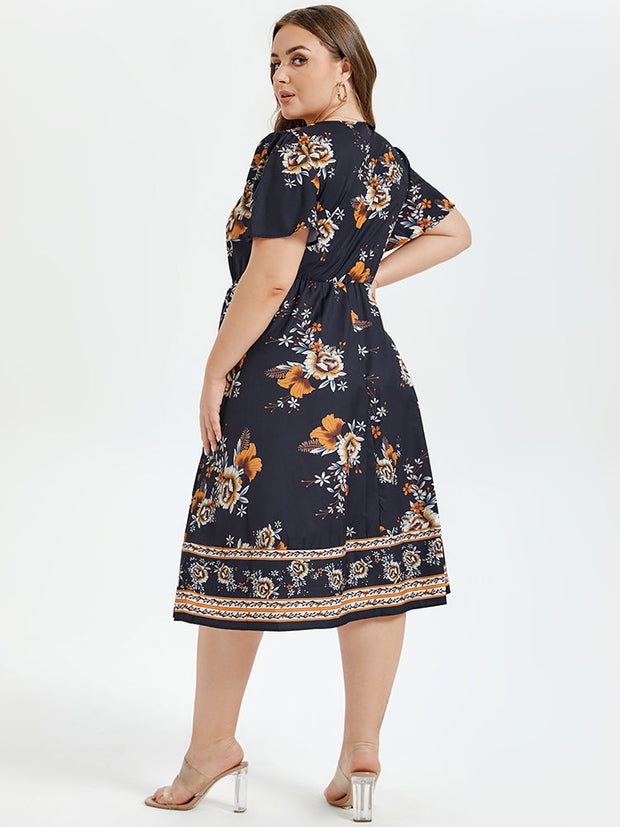 Floral Print V-Neck Butterfly Sleeve Elastic Waist Midi Dress