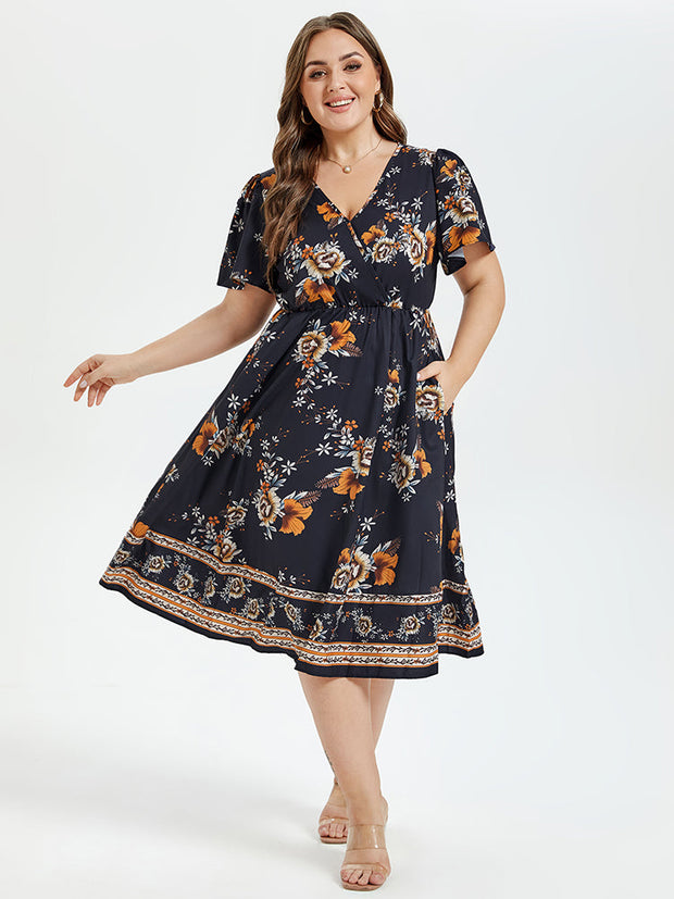 Floral Print V-Neck Butterfly Sleeve Elastic Waist Midi Dress