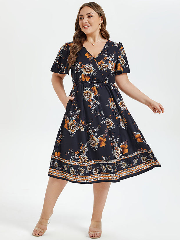 Floral Print V-Neck Butterfly Sleeve Elastic Waist Midi Dress