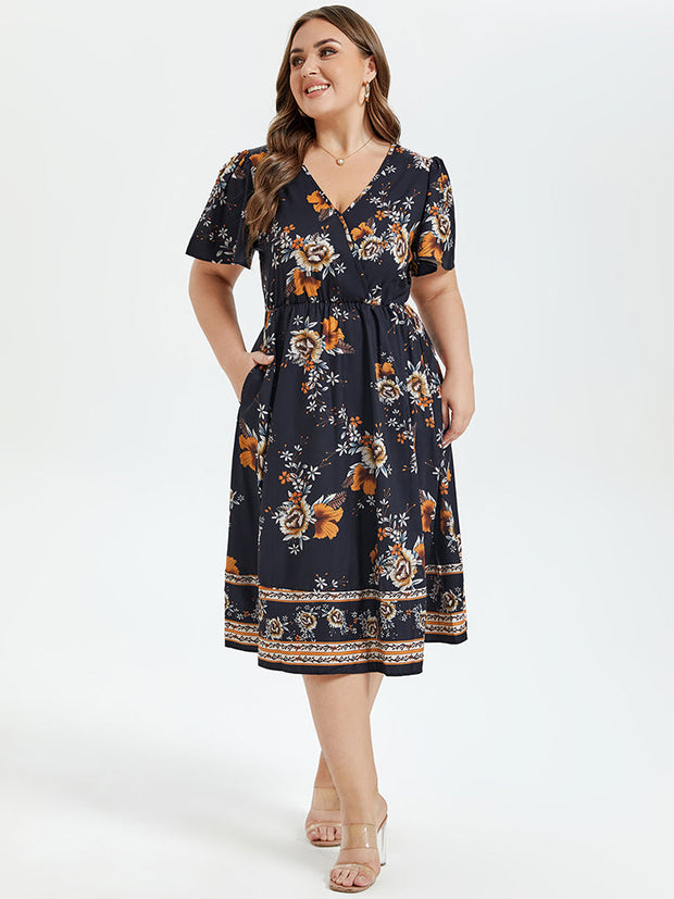 Floral Print V-Neck Butterfly Sleeve Elastic Waist Midi Dress