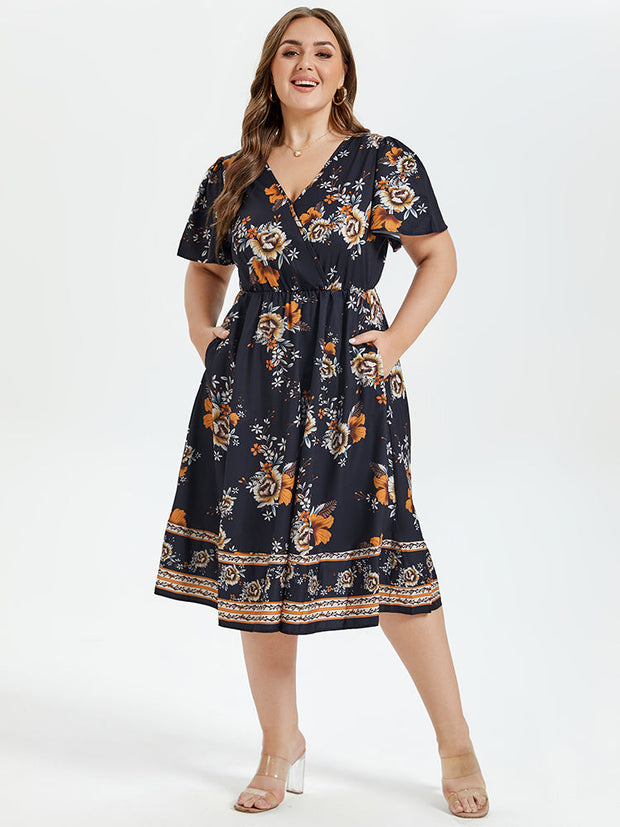 Floral Print V-Neck Butterfly Sleeve Elastic Waist Midi Dress