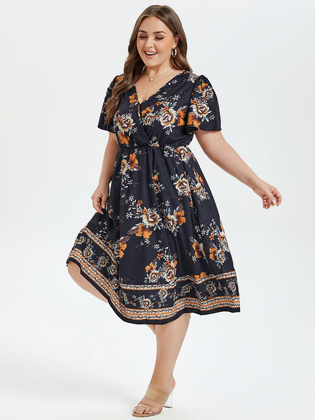 Floral Print V-Neck Butterfly Sleeve Elastic Waist Midi Dress