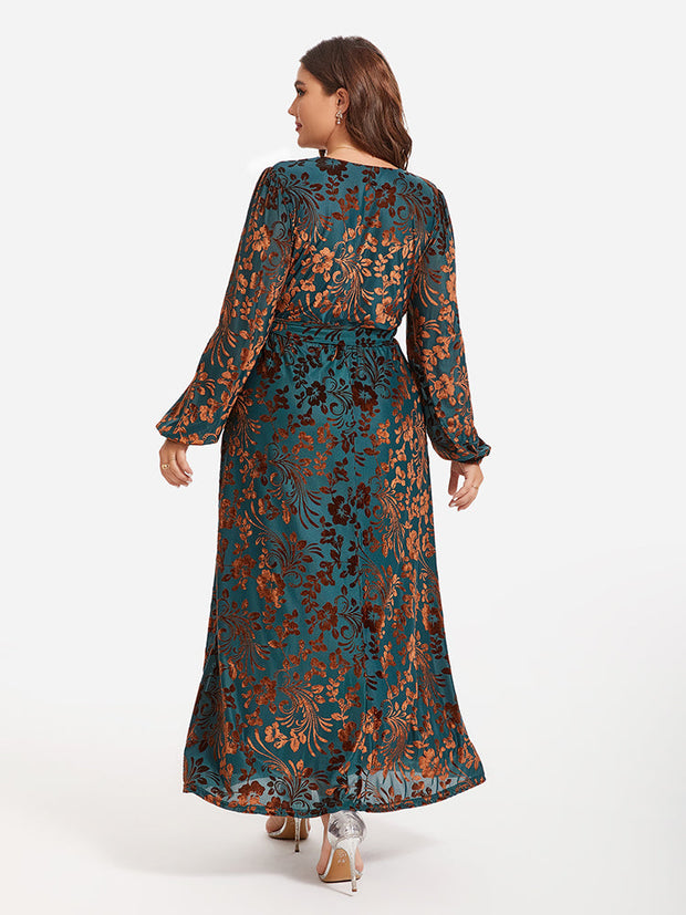 Floral Print Belted Split Wrap Velvet Maxi Dress