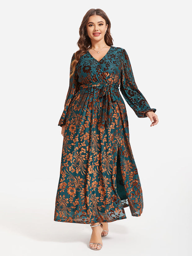 Floral Print Belted Split Wrap Velvet Maxi Dress