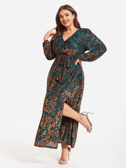 Floral Print Belted Split Wrap Velvet Maxi Dress