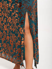 Floral Print Belted Split Wrap Velvet Maxi Dress