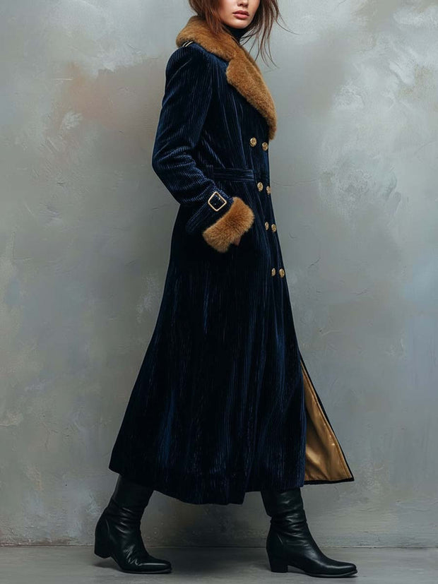 Navy Blue Vintage Eleganc Velvet Long Coat With Faux Fur Collar