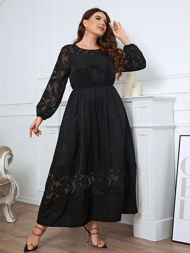 Plus Black Floral Jacquard Mesh Patchwork Maxi Dress